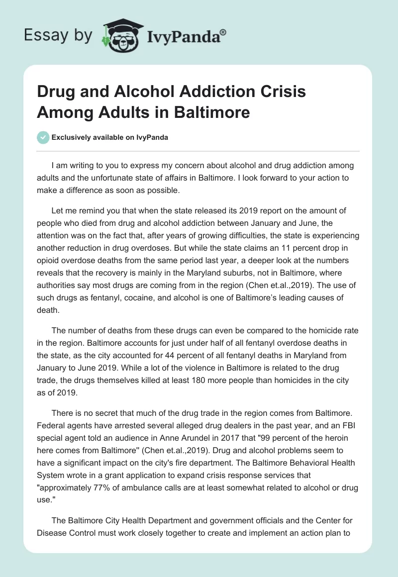 Drug and Alcohol Addiction Crisis Among Adults in Baltimore. Page 1