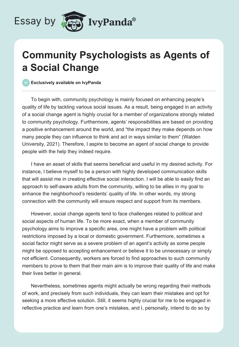 Community Psychologists as Agents of a Social Change. Page 1