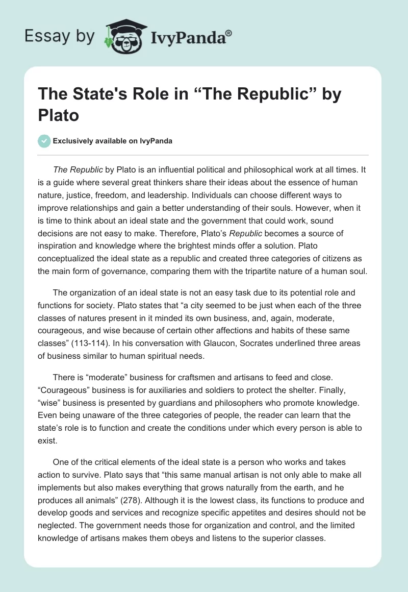 The State's Role in “The Republic” by Plato. Page 1