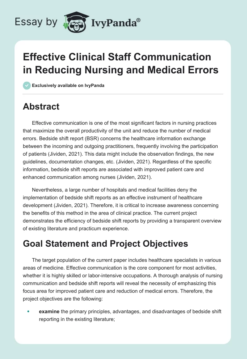 Effective Clinical Staff Communication in Reducing Nursing and Medical Errors. Page 1
