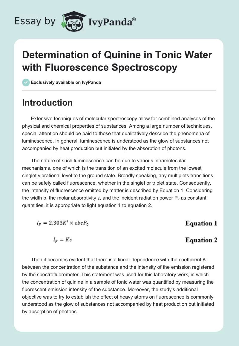 Determination of Quinine in Tonic Water with Fluorescence Spectroscopy. Page 1