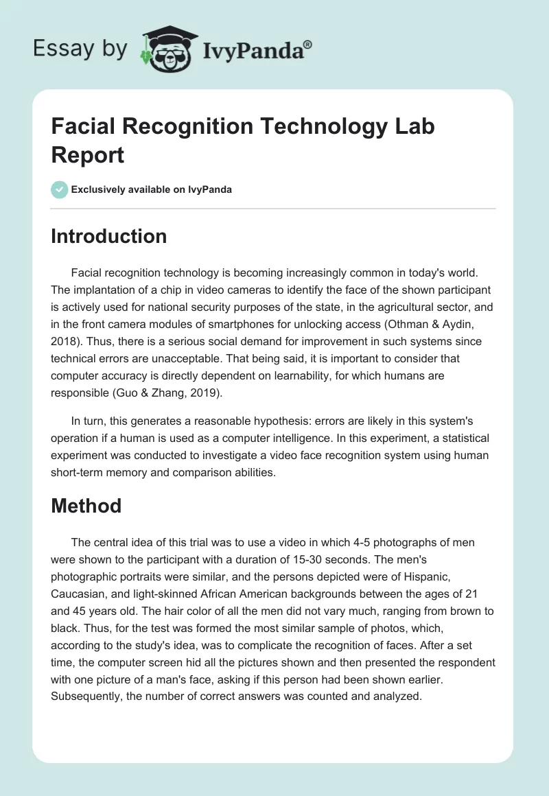 Facial Recognition Technology Lab Report. Page 1