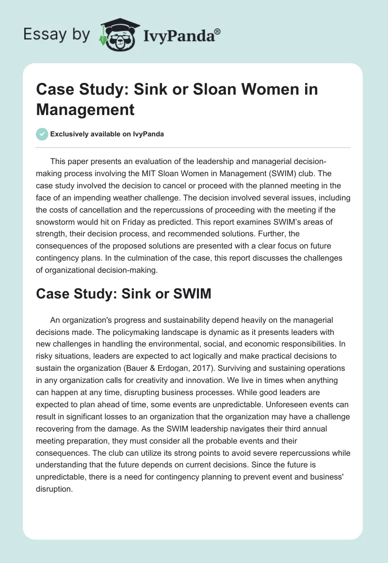 Case Study: Sink or Sloan Women in Management. Page 1