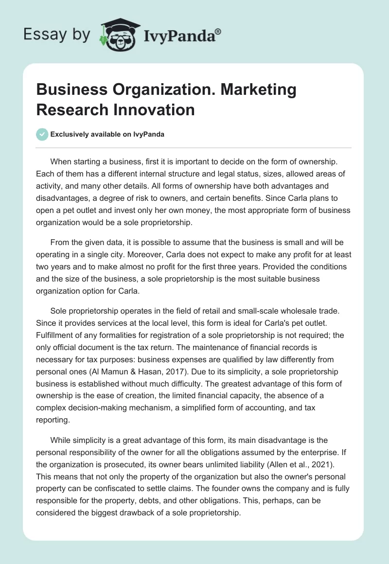 Business Organization. Marketing Research Innovation. Page 1