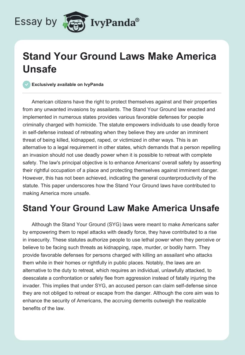 Stand Your Ground Laws Make America Unsafe. Page 1