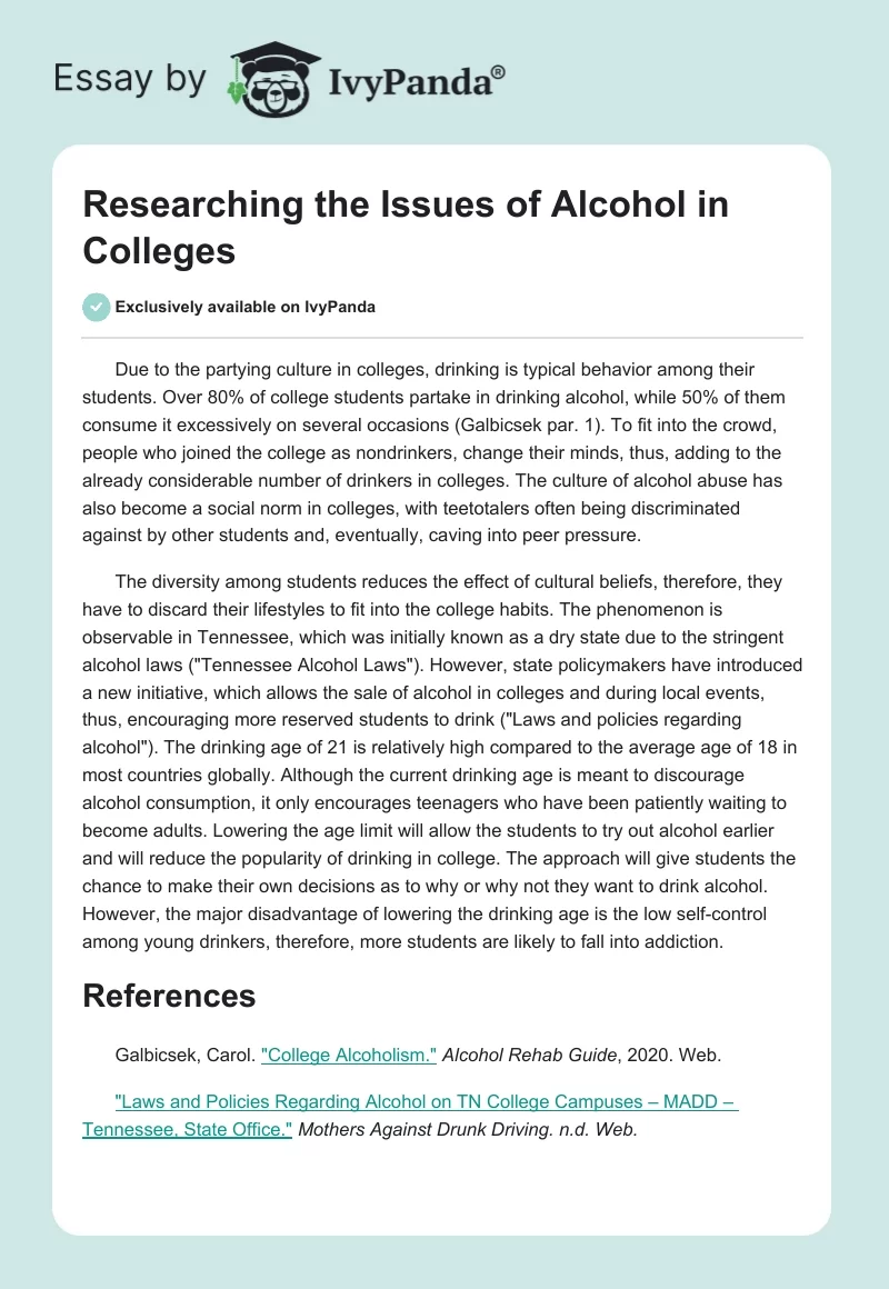 Researching the Issues of Alcohol in Colleges. Page 1
