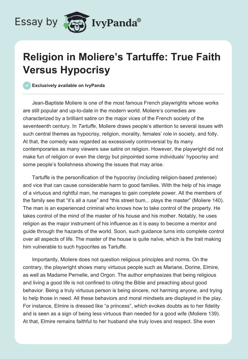 Religion in Moliere’s Tartuffe: True Faith Versus Hypocrisy. Page 1