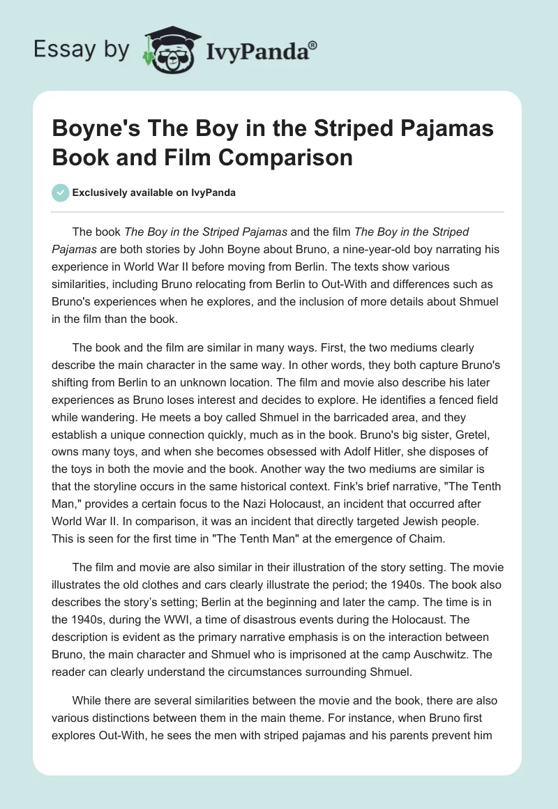 Boyne's "The Boy in the Striped Pajamas" Book and Film Comparison. Page 1
