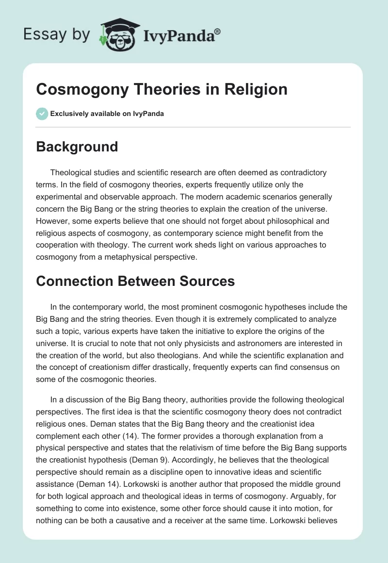 Cosmogony Theories in Religion. Page 1
