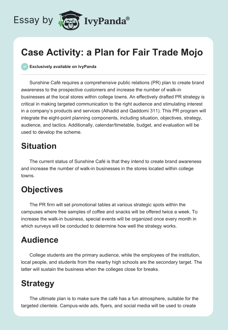Case Activity: a Plan for Fair Trade Mojo. Page 1