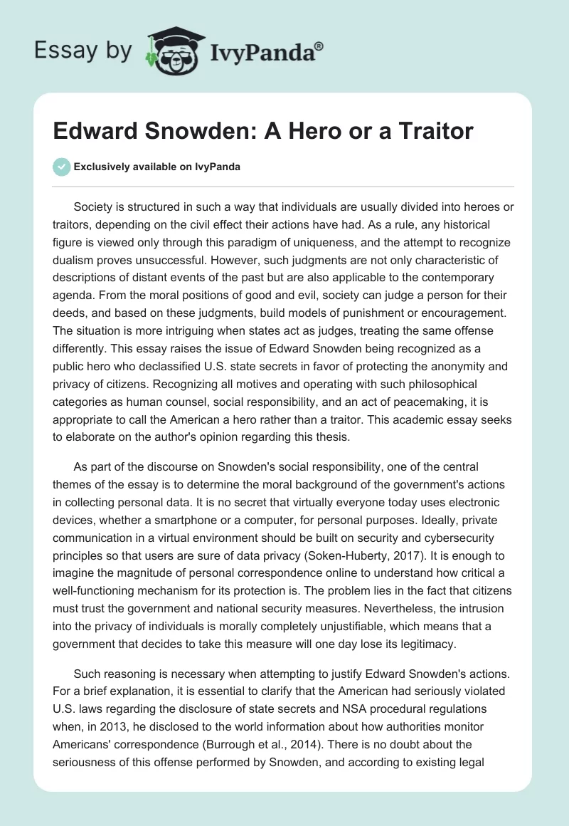 Edward Snowden: A Hero or a Traitor. Page 1