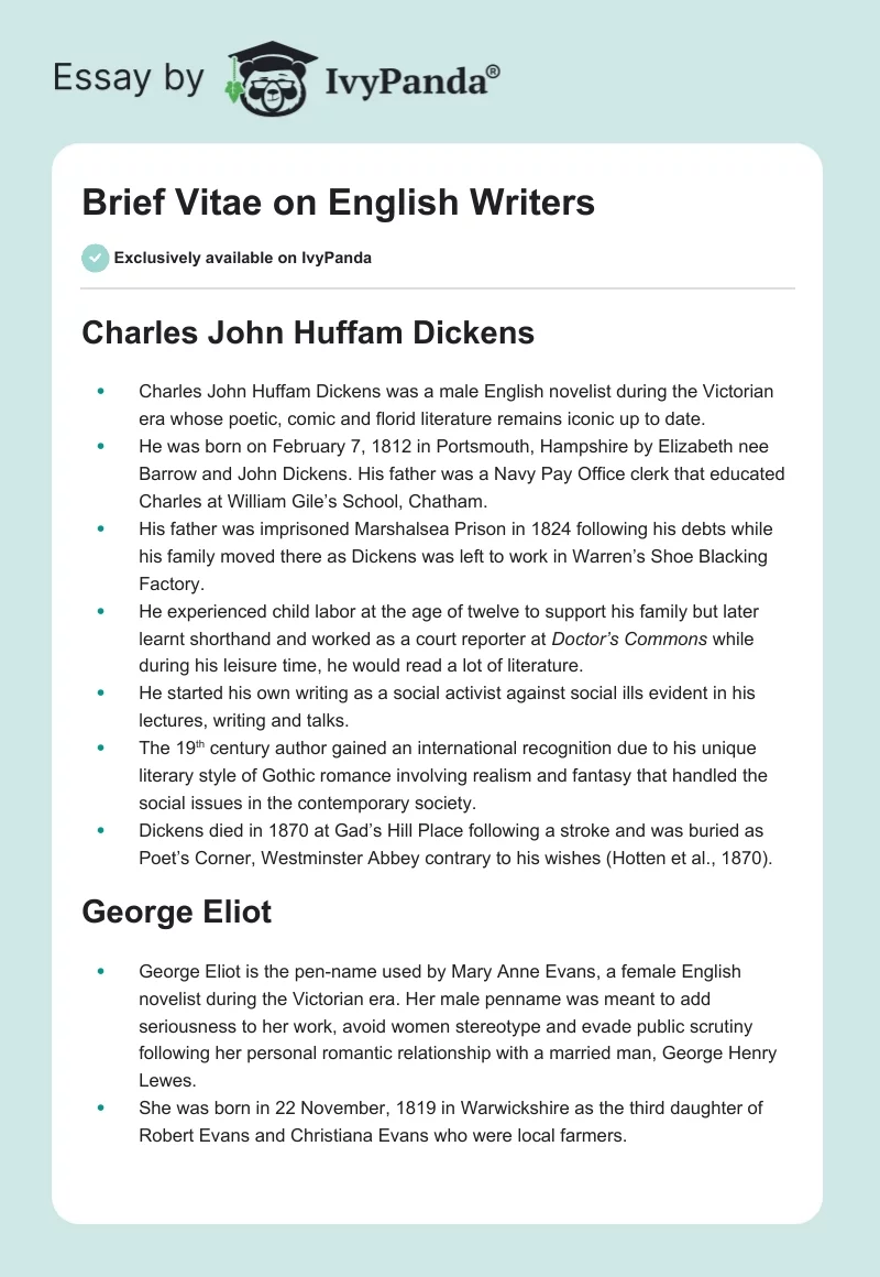 Brief Vitae on English Writers. Page 1