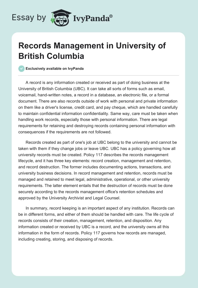 Records Management in University of British Columbia. Page 1