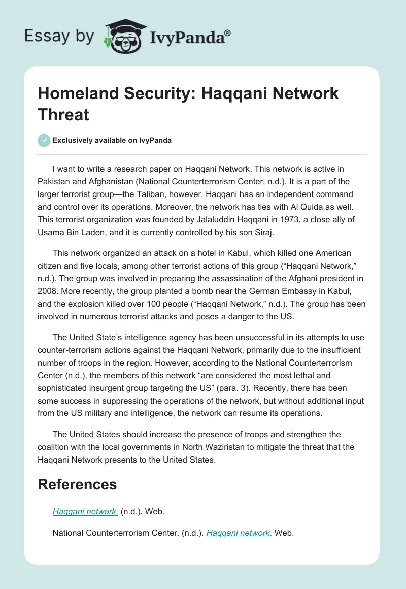 Homeland Security: Haqqani Network Threat. Page 1