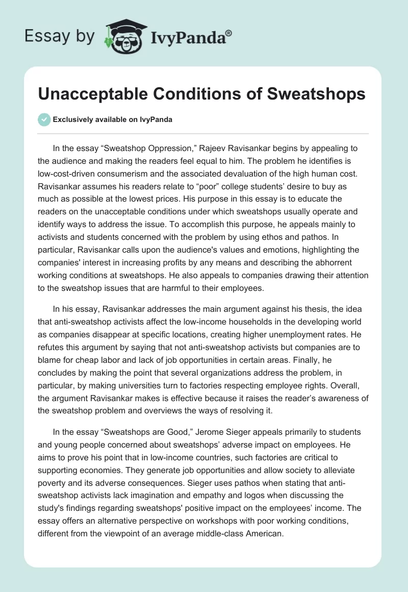 Unacceptable Conditions of Sweatshops. Page 1