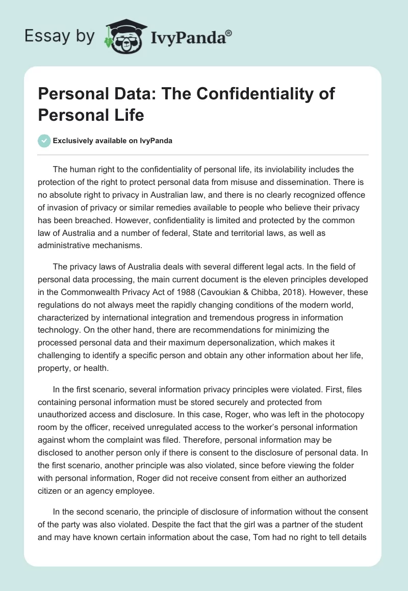 Personal Data: The Confidentiality of Personal Life. Page 1