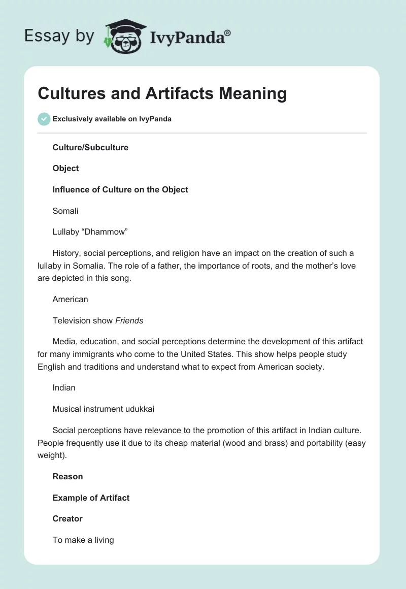 Cultures and Artifacts Meaning. Page 1