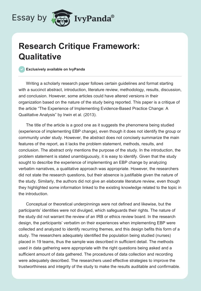 Research Critique Framework: Qualitative. Page 1