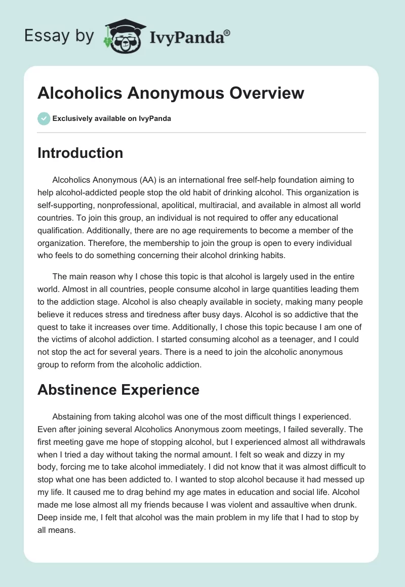 Alcoholics Anonymous Overview. Page 1
