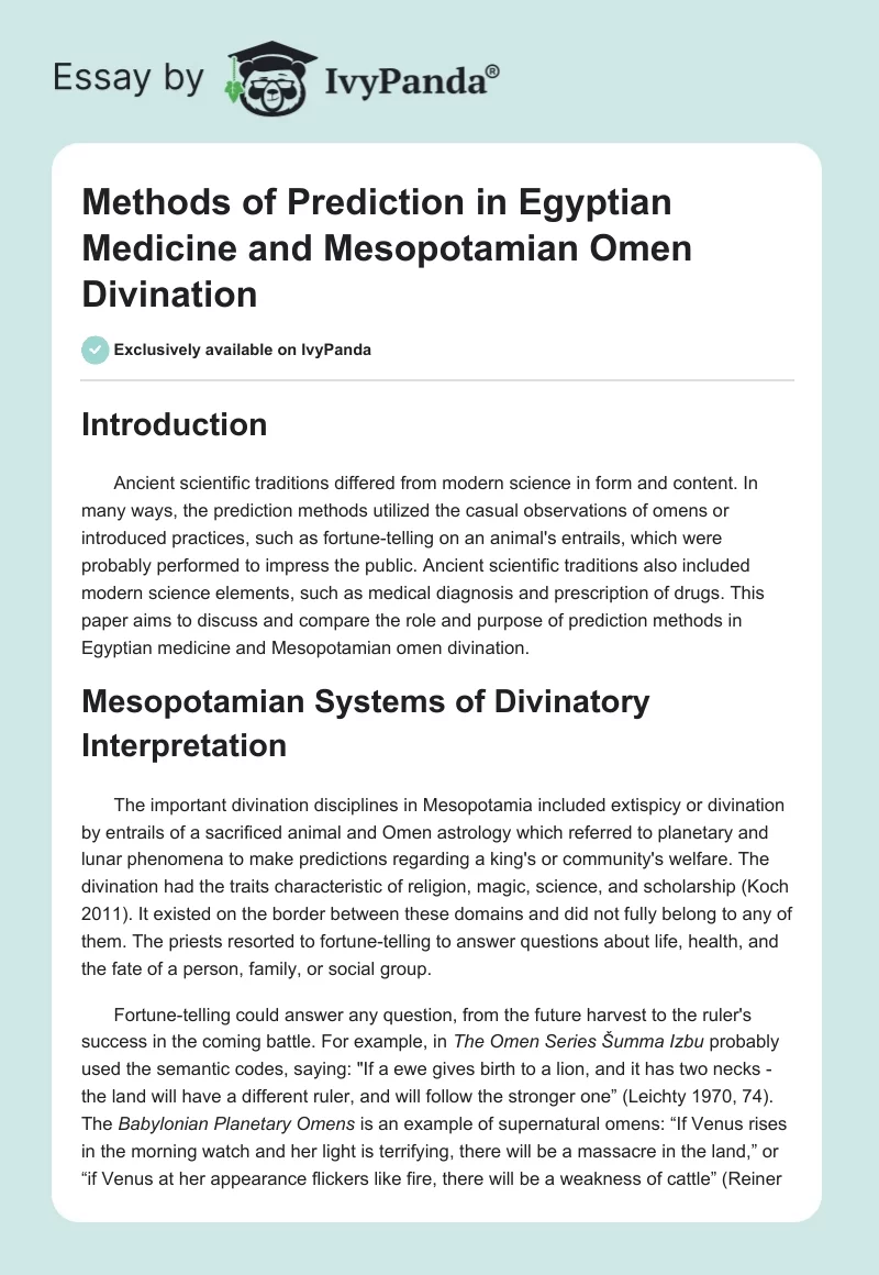 Methods of Prediction in Egyptian Medicine and Mesopotamian Omen Divination. Page 1