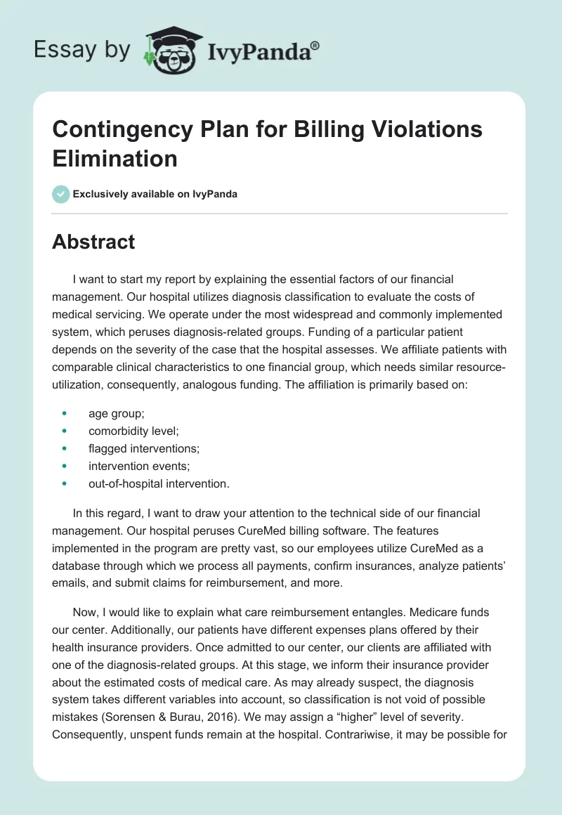 Contingency Plan for Billing Violations Elimination. Page 1