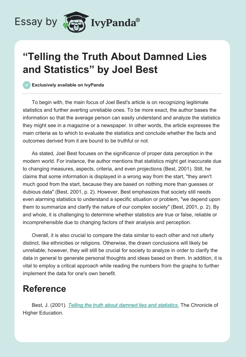 “Telling the Truth About Damned Lies and Statistics” by Joel Best. Page 1