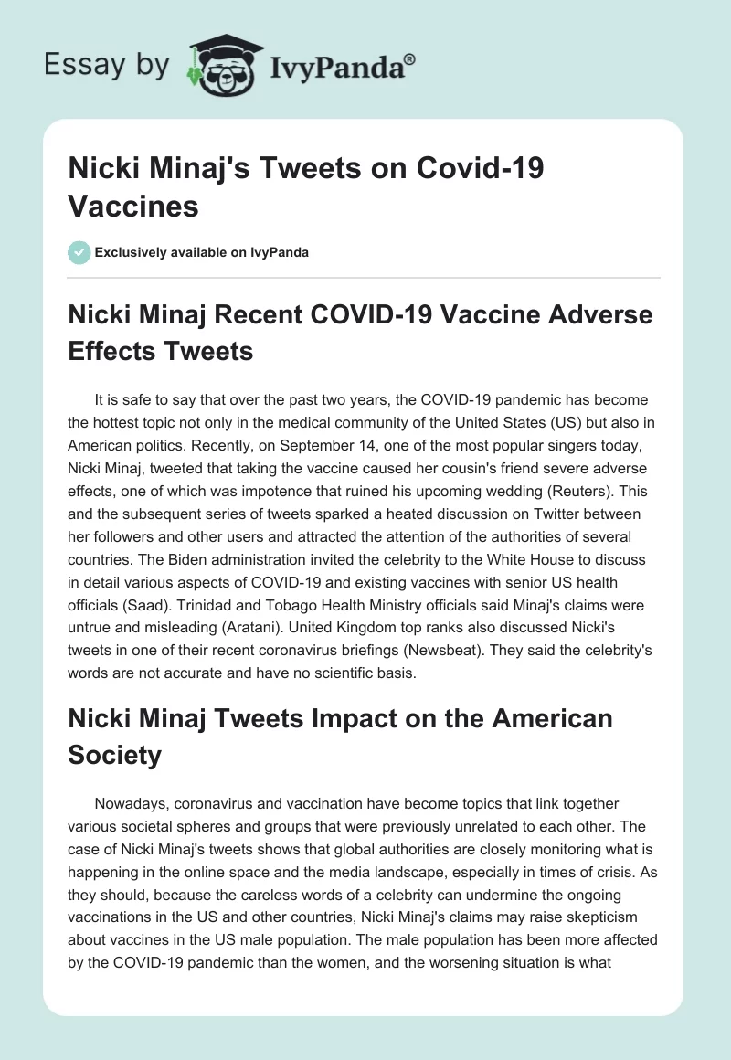 Nicki Minaj's Tweets on Covid-19 Vaccines. Page 1