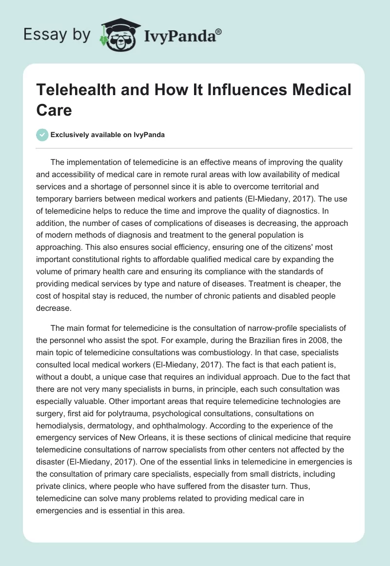 Telehealth and How It Influences Medical Care. Page 1