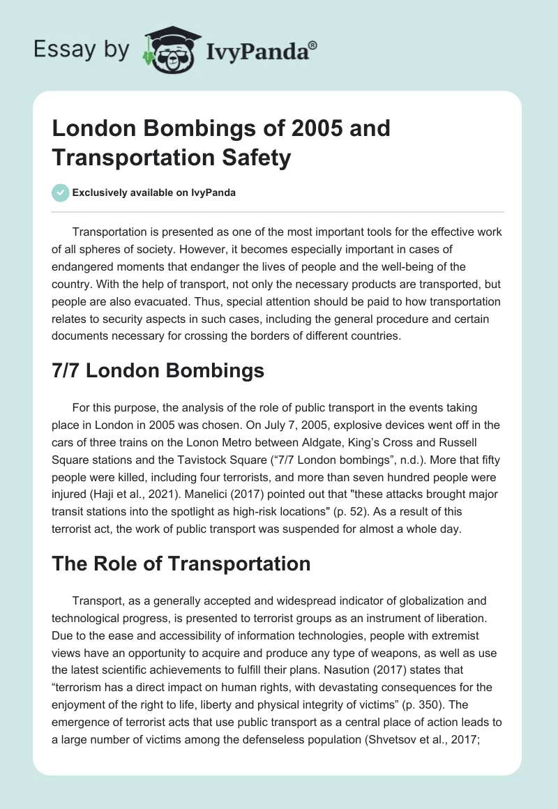 London Bombings of 2005 and Transportation Safety. Page 1