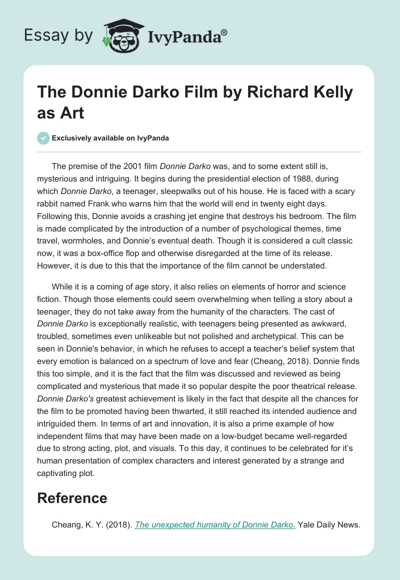The "Donnie Darko" Film by Richard Kelly as Art. Page 1