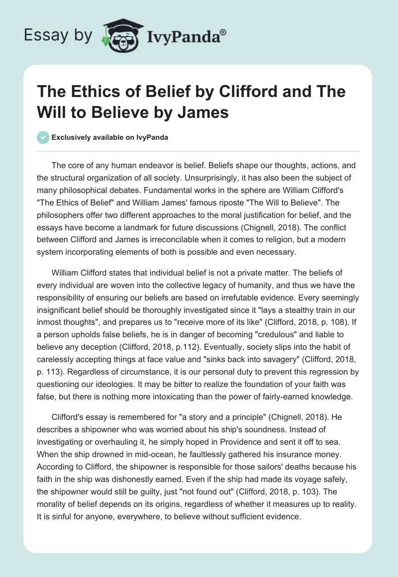 "The Ethics of Belief" by Clifford and "The Will to Believe" by James. Page 1