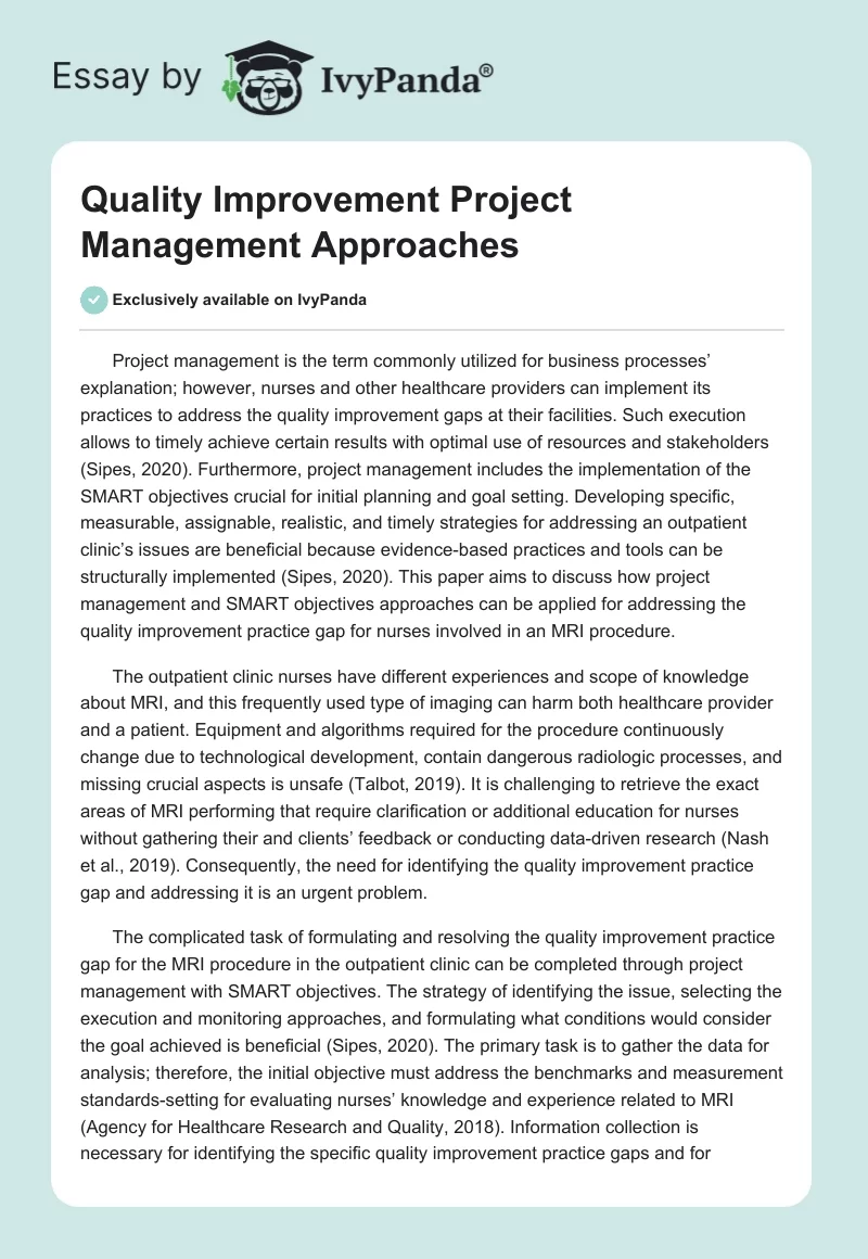 Quality Improvement Project Management Approaches. Page 1