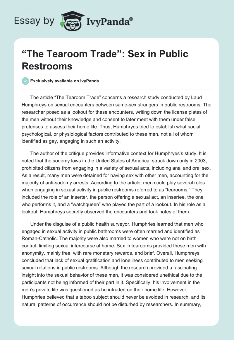 “The Tearoom Trade”: Sex in Public Restrooms. Page 1