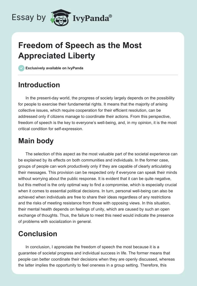Freedom of Speech as the Most Appreciated Liberty. Page 1