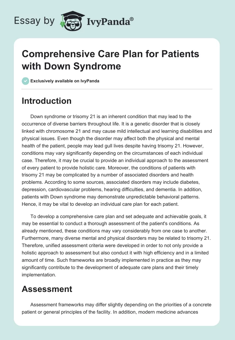 Comprehensive Care Plan for Patients with Down Syndrome. Page 1
