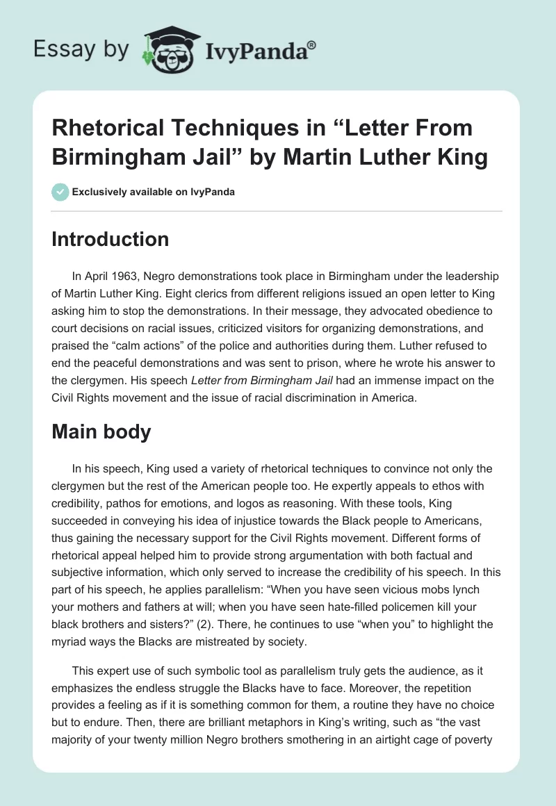 Rhetorical Techniques in “Letter From Birmingham Jail” by Martin Luther King. Page 1
