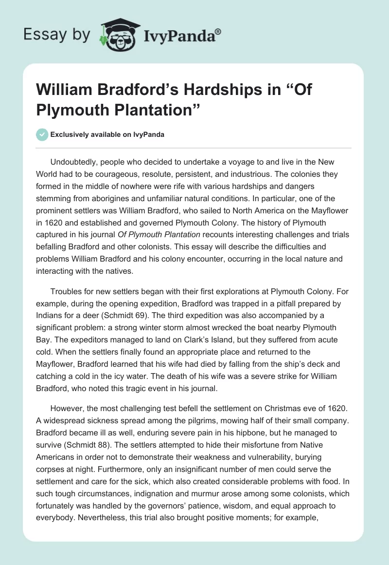 William Bradford’s Hardships in “Of Plymouth Plantation”. Page 1