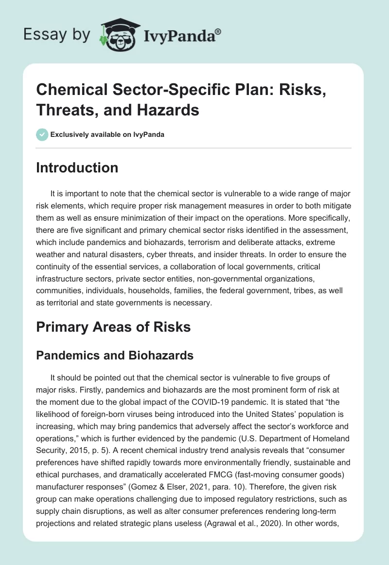 Chemical Sector-Specific Plan: Risks, Threats, and Hazards. Page 1