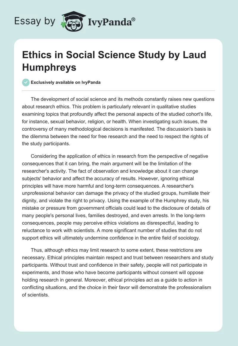 Ethics in Social Science Study by Laud Humphreys. Page 1