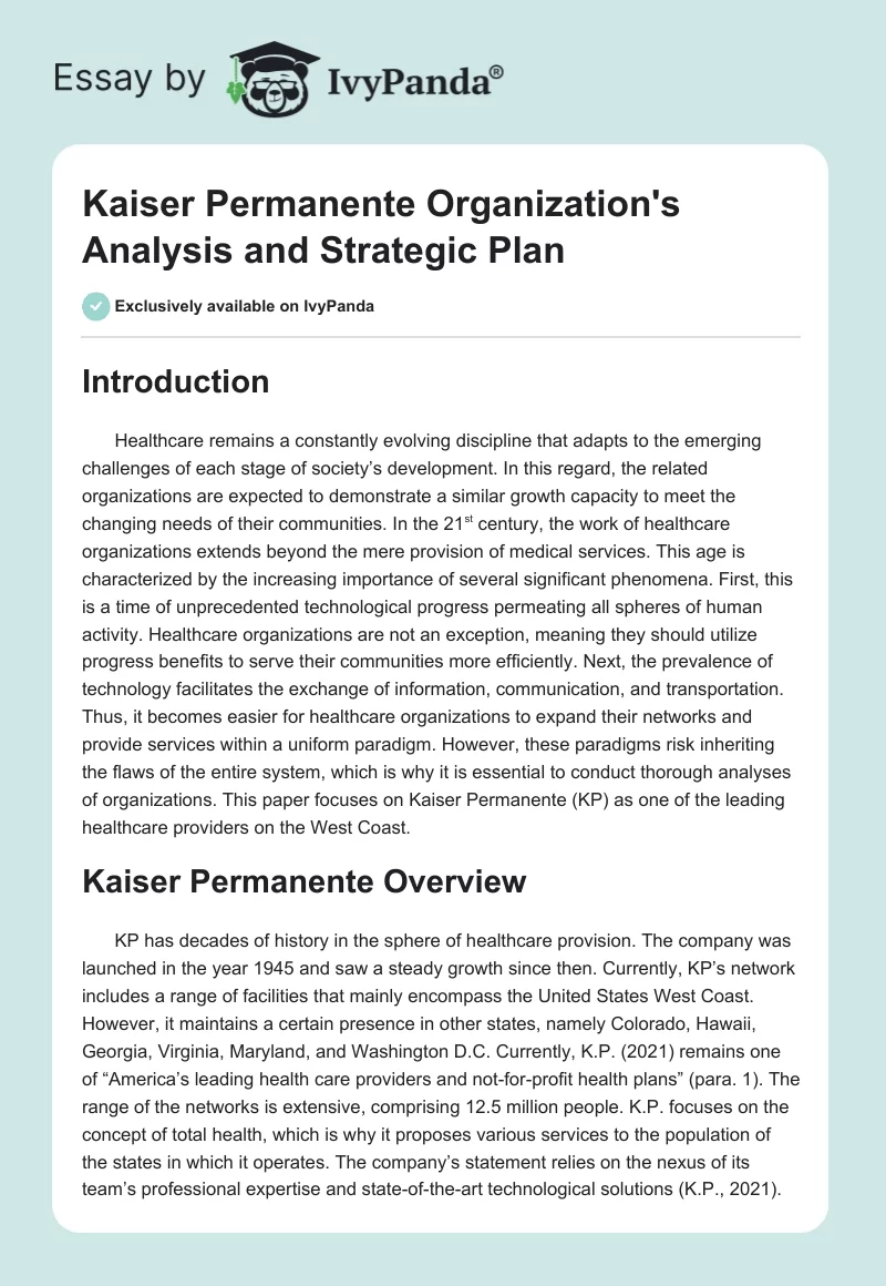 Kaiser Permanente Organization's Analysis and Strategic Plan. Page 1
