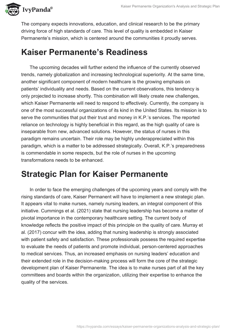 Kaiser Permanente Organization's Analysis and Strategic Plan. Page 2