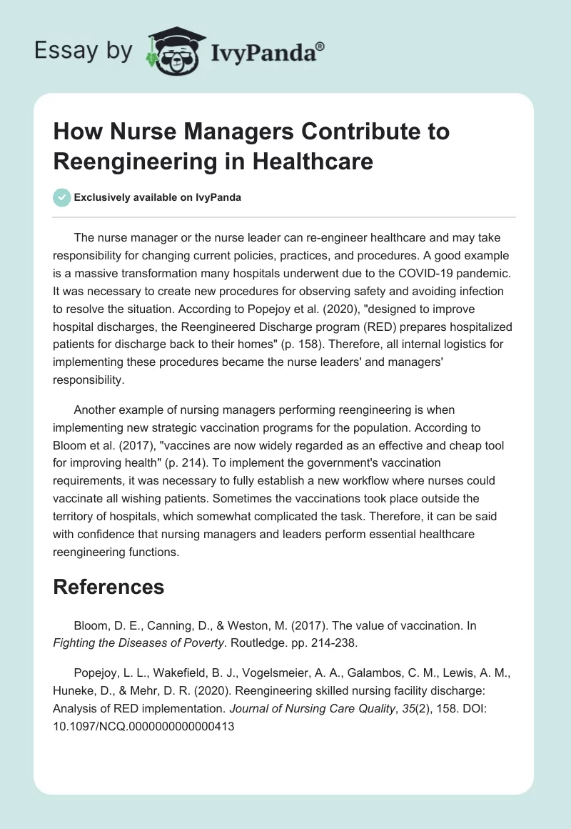 How Nurse Managers Contribute to Reengineering in Healthcare. Page 1
