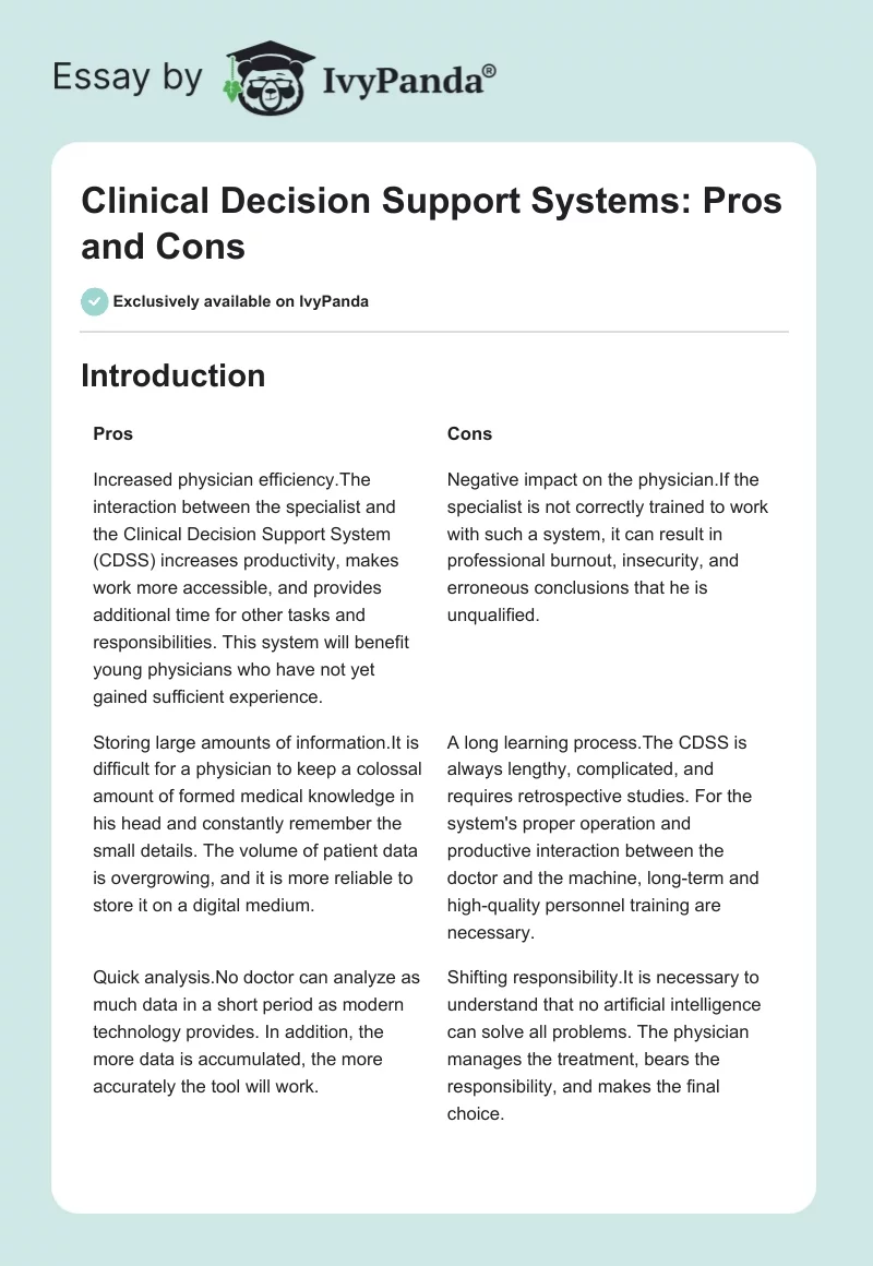 Clinical Decision Support Systems: Pros and Cons. Page 1