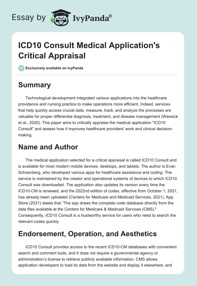 ICD10 Consult Medical Application's Critical Appraisal. Page 1