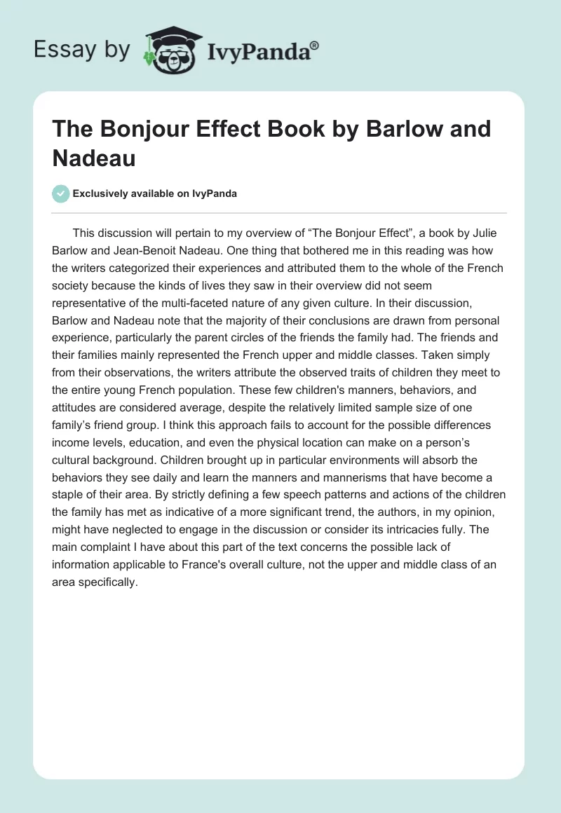 The Bonjour Effect Book by Barlow and Nadeau. Page 1