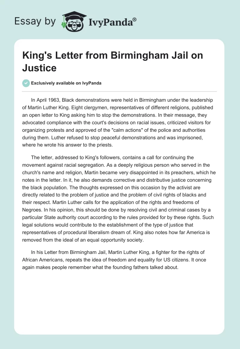 King's Letter From Birmingham Jail on Justice. Page 1