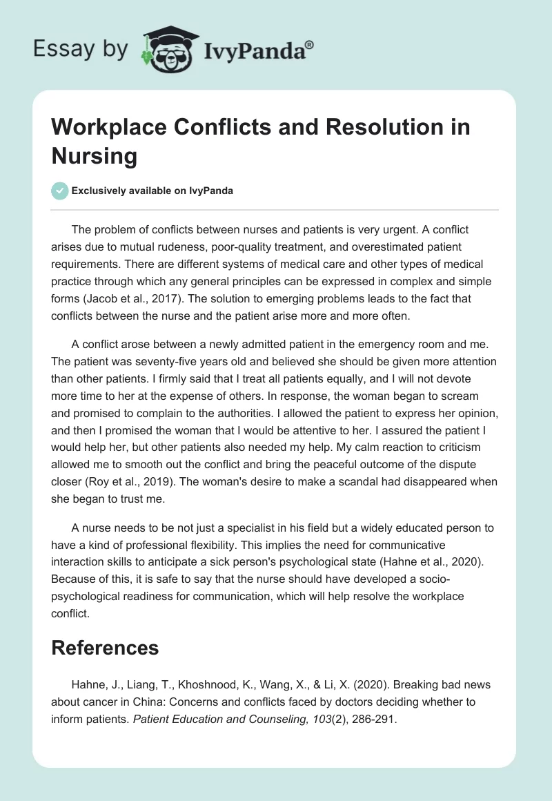 Workplace Conflicts and Resolution in Nursing. Page 1