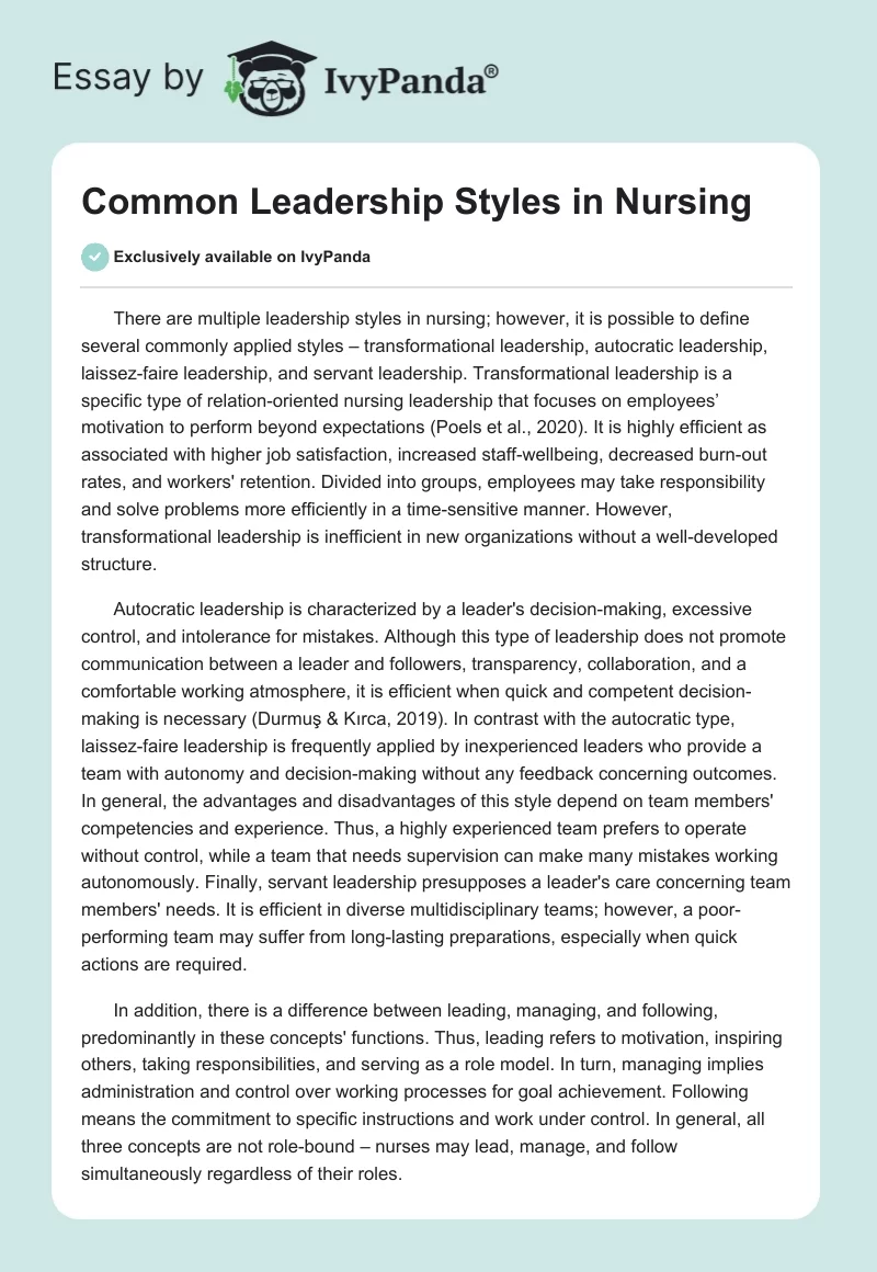Common Leadership Styles in Nursing. Page 1