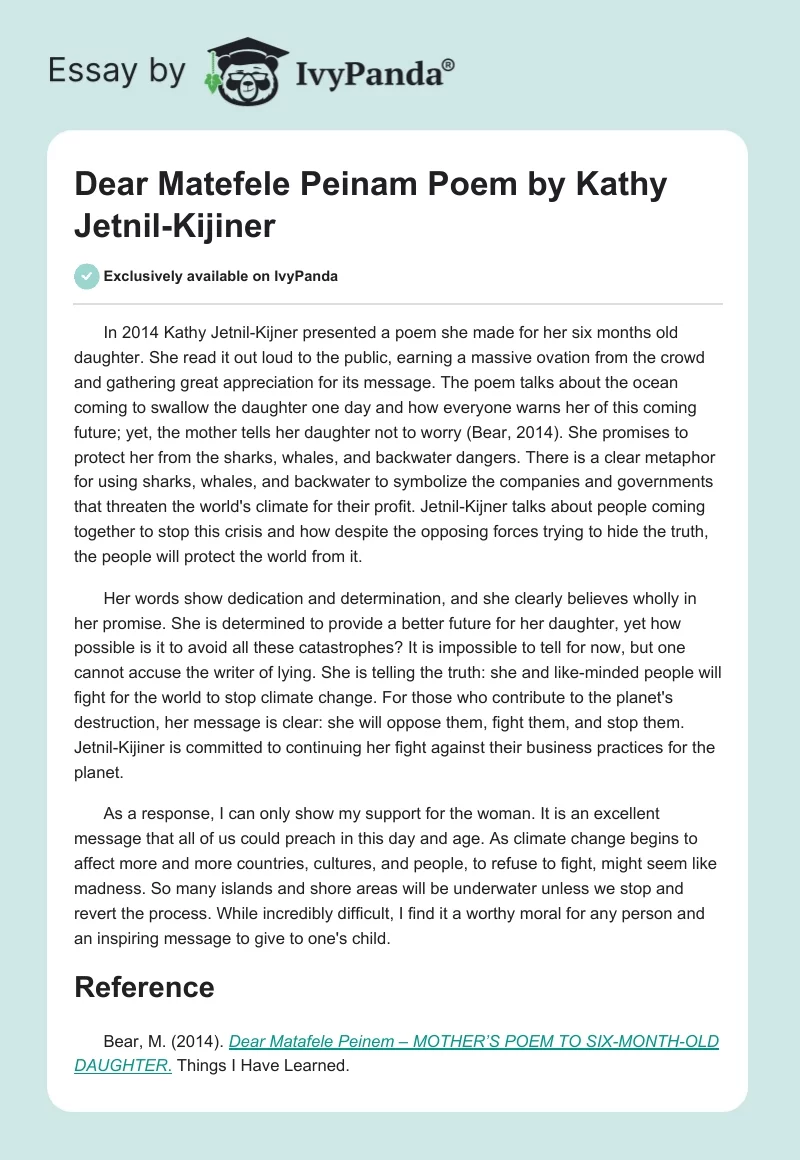Dear Matefele Peinam Poem by Kathy Jetnil-Kijiner. Page 1