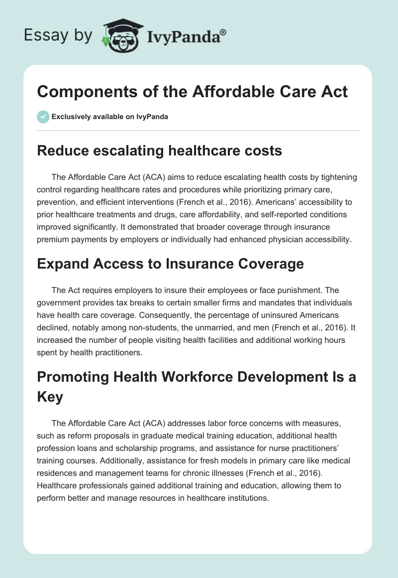 Components of the Affordable Care Act. Page 1